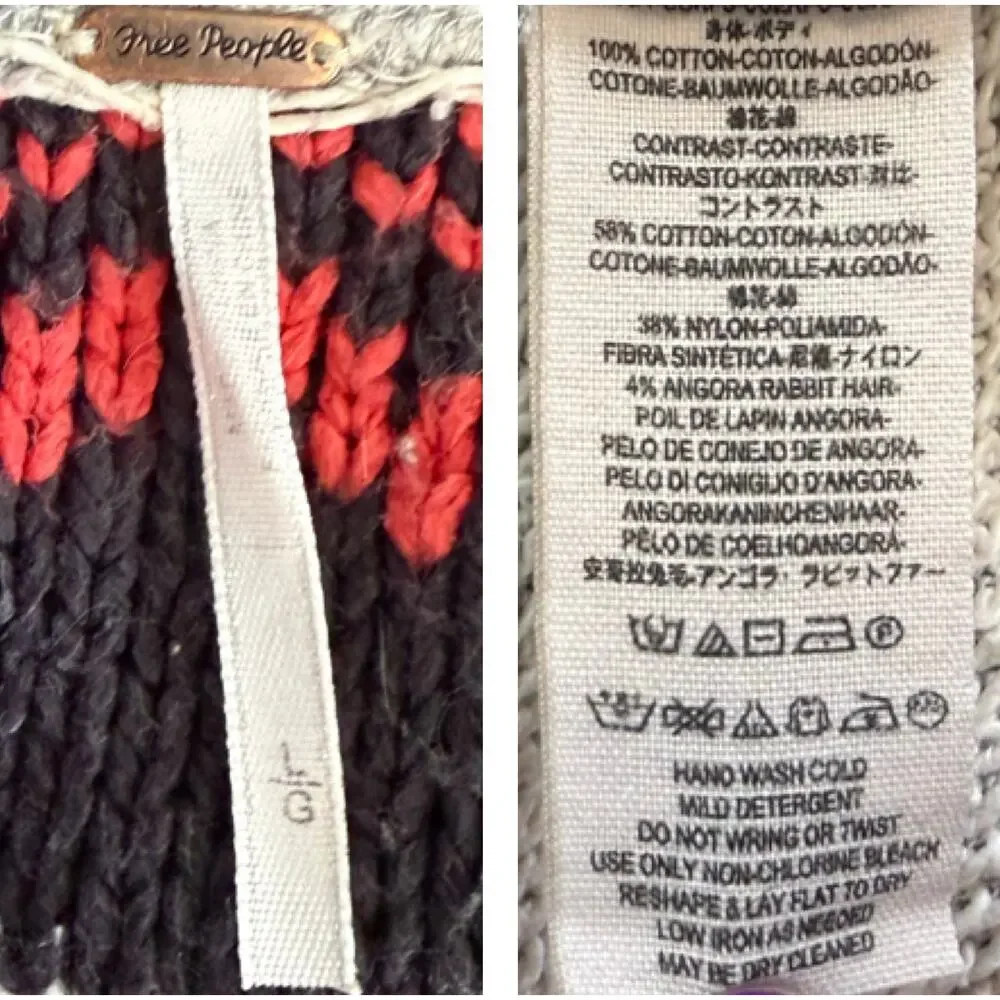 Free People Nordic Cotton Knit Pullover Sweater Red Gray Black